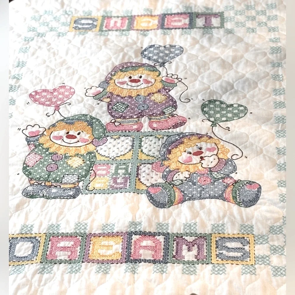 Vintage Clown Cross Stitched Baby Quilt. Blanket| Sweet Dreams |Pastel 39.5x28.5